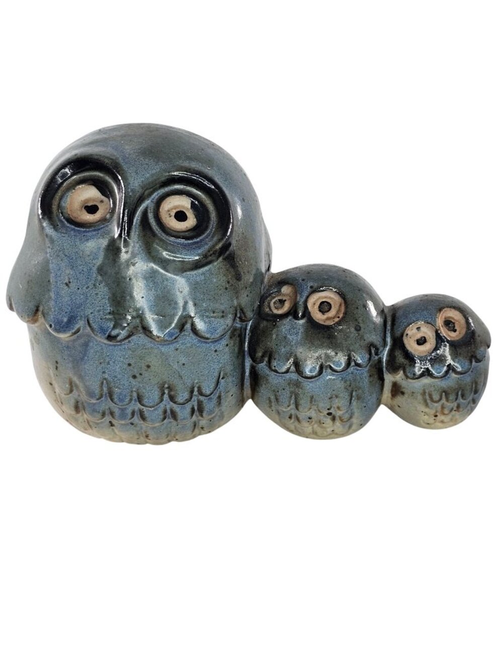 Vintage UCTCI Japan Owl Trio Blue Stoneware Ceramic Figurine Mid Century Modern